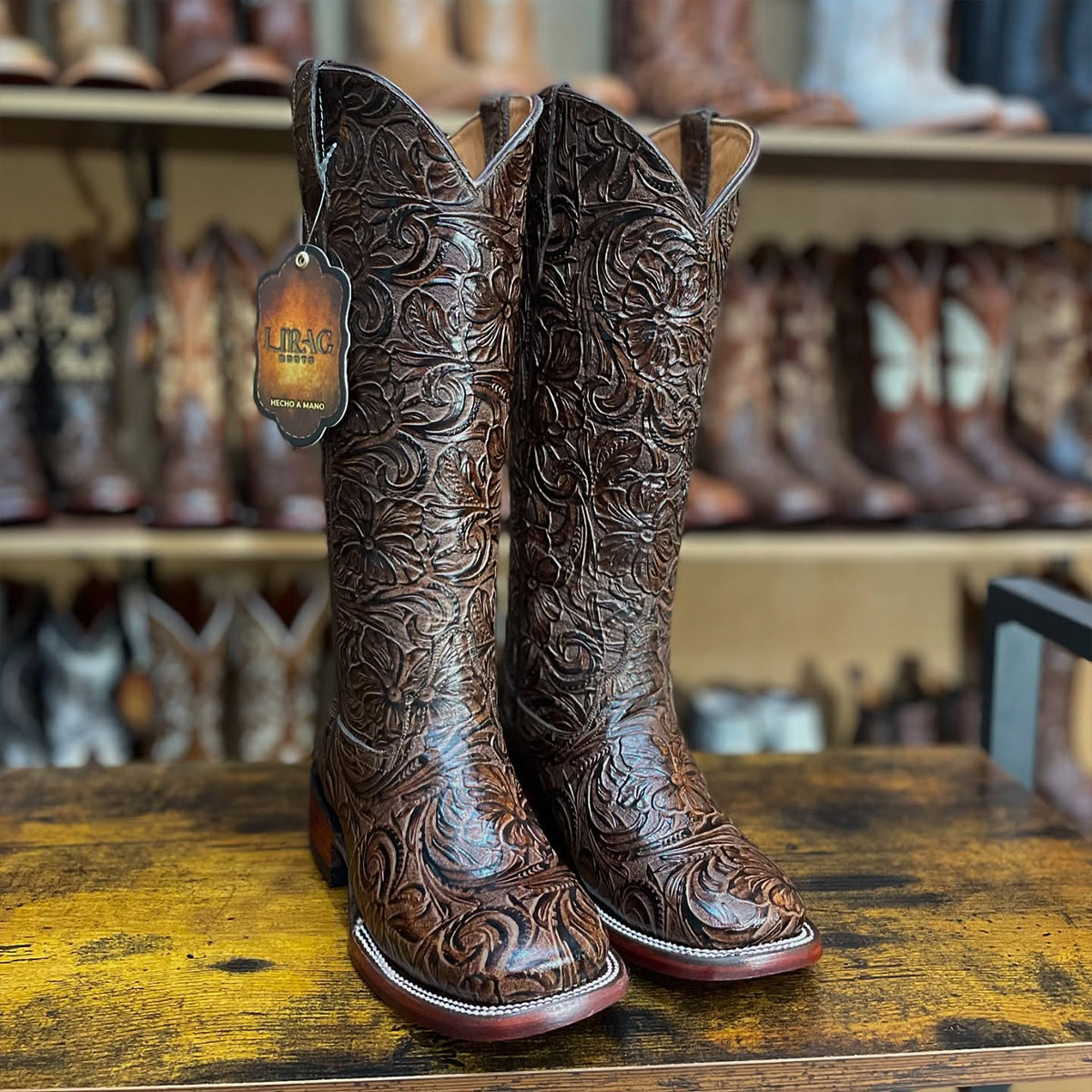 Brown Tooled Cowgirl Boots with Stylish Square Toe