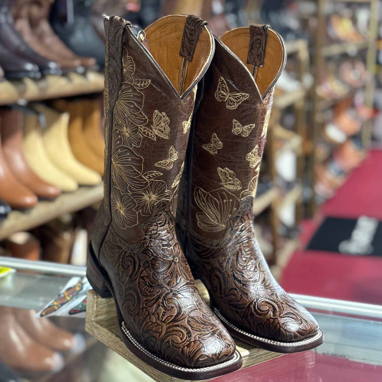Chocolate Butterfly Tooled Square-Toe Cowgirl Boots