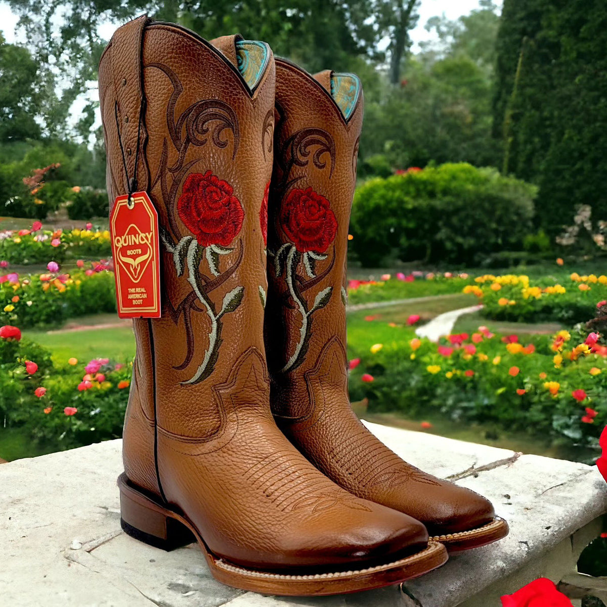 Red Rose Embroidered Cowgirl Boots with Square Toe
