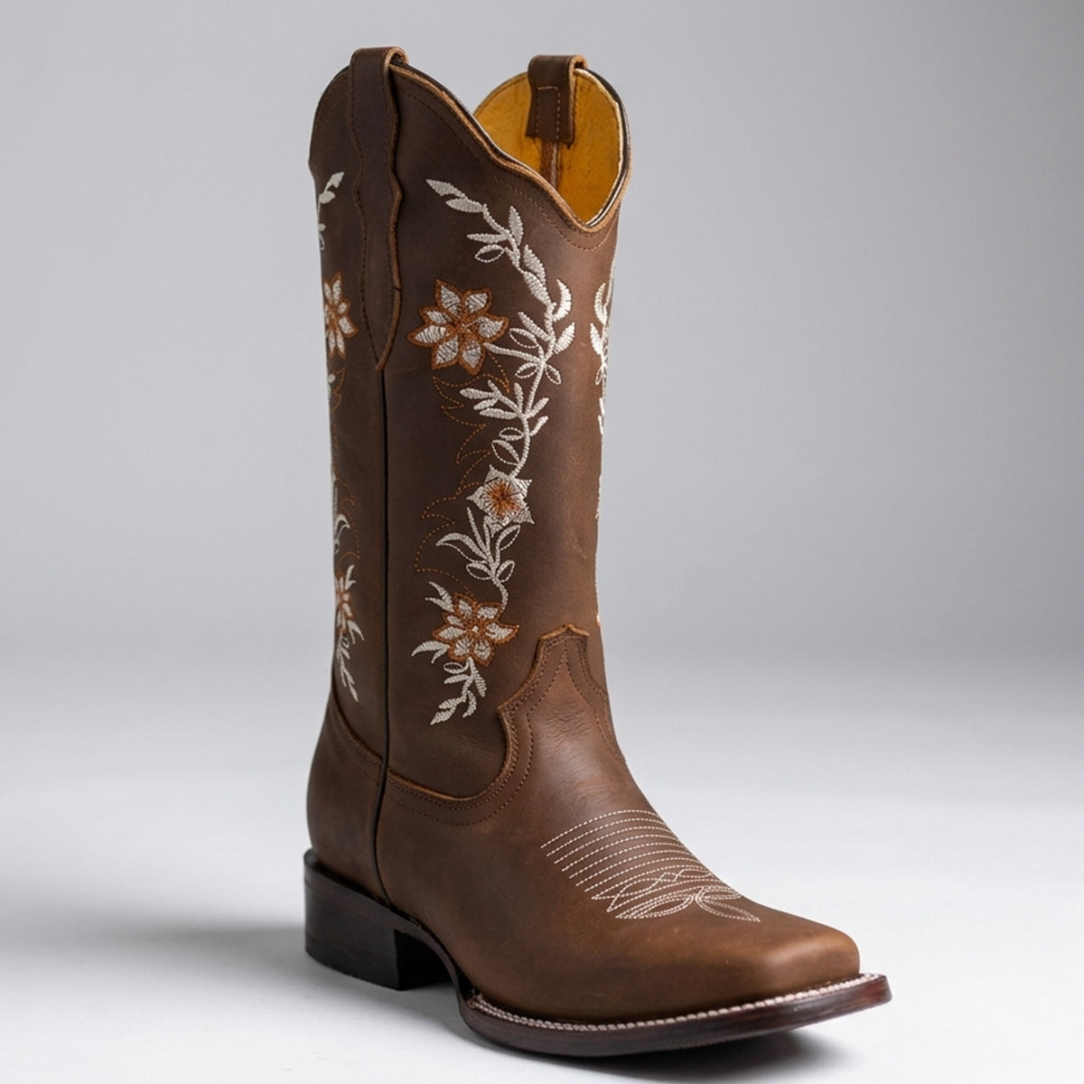 Crazy Brown Embroidered Square-Toe Cowgirl Boots