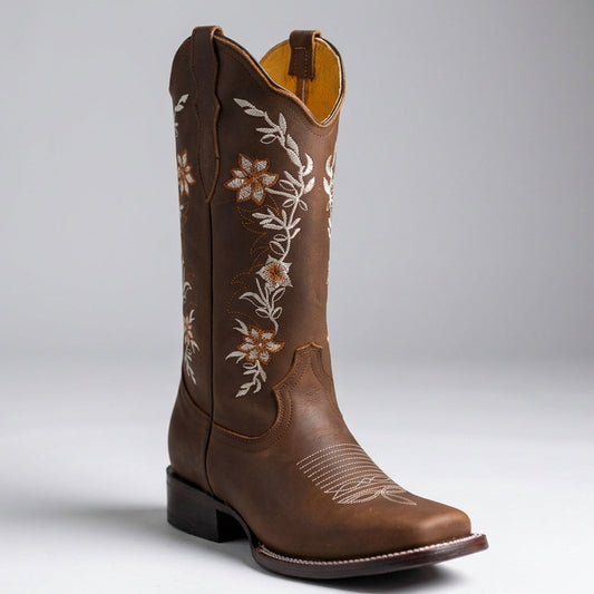 Crazy Brown Embroidered Square-Toe Cowgirl Boots
