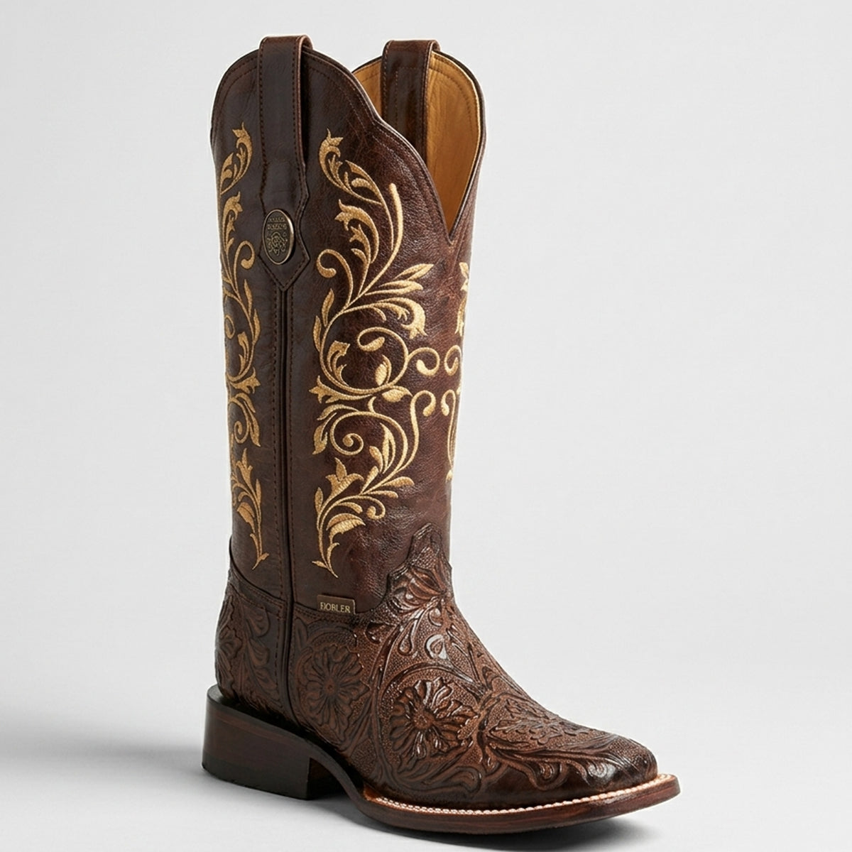 Doble R Floral Tooled Square-Toe Cowgirl Boots