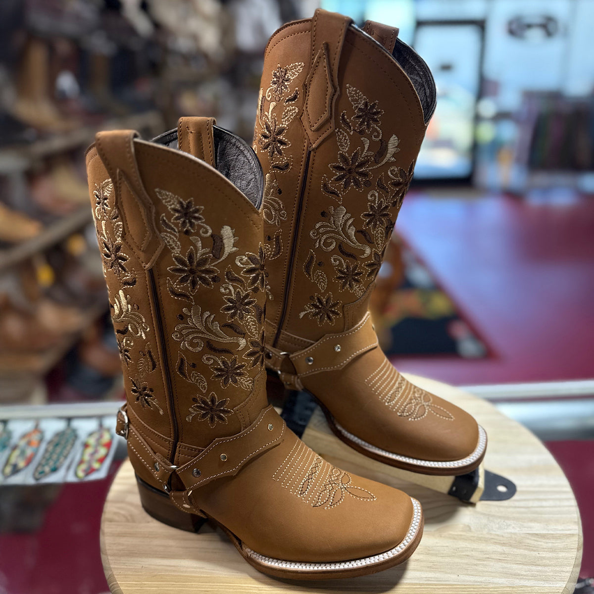 Women's Brown Square-Toe Boots with Floral Embroidery