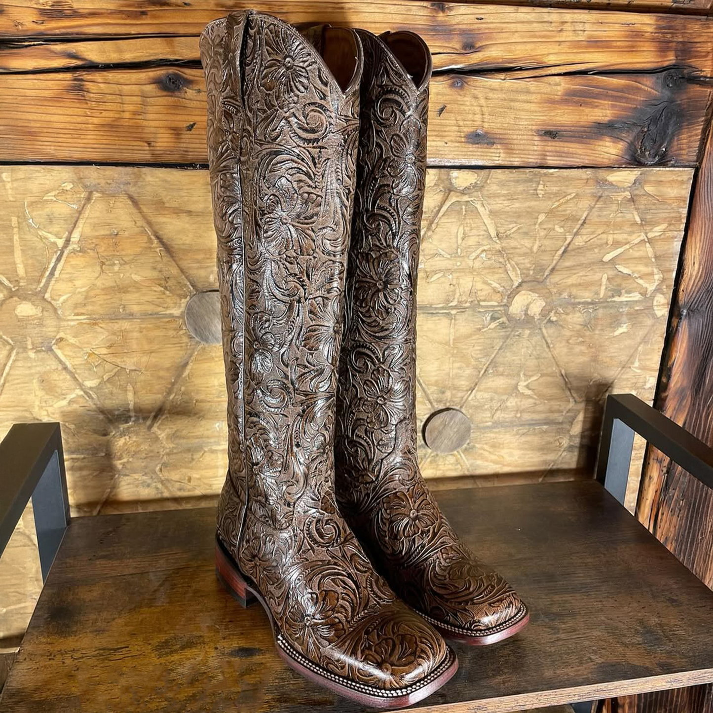Lirac Brown Tall Tooled Square-Toe Cowgirl Boots