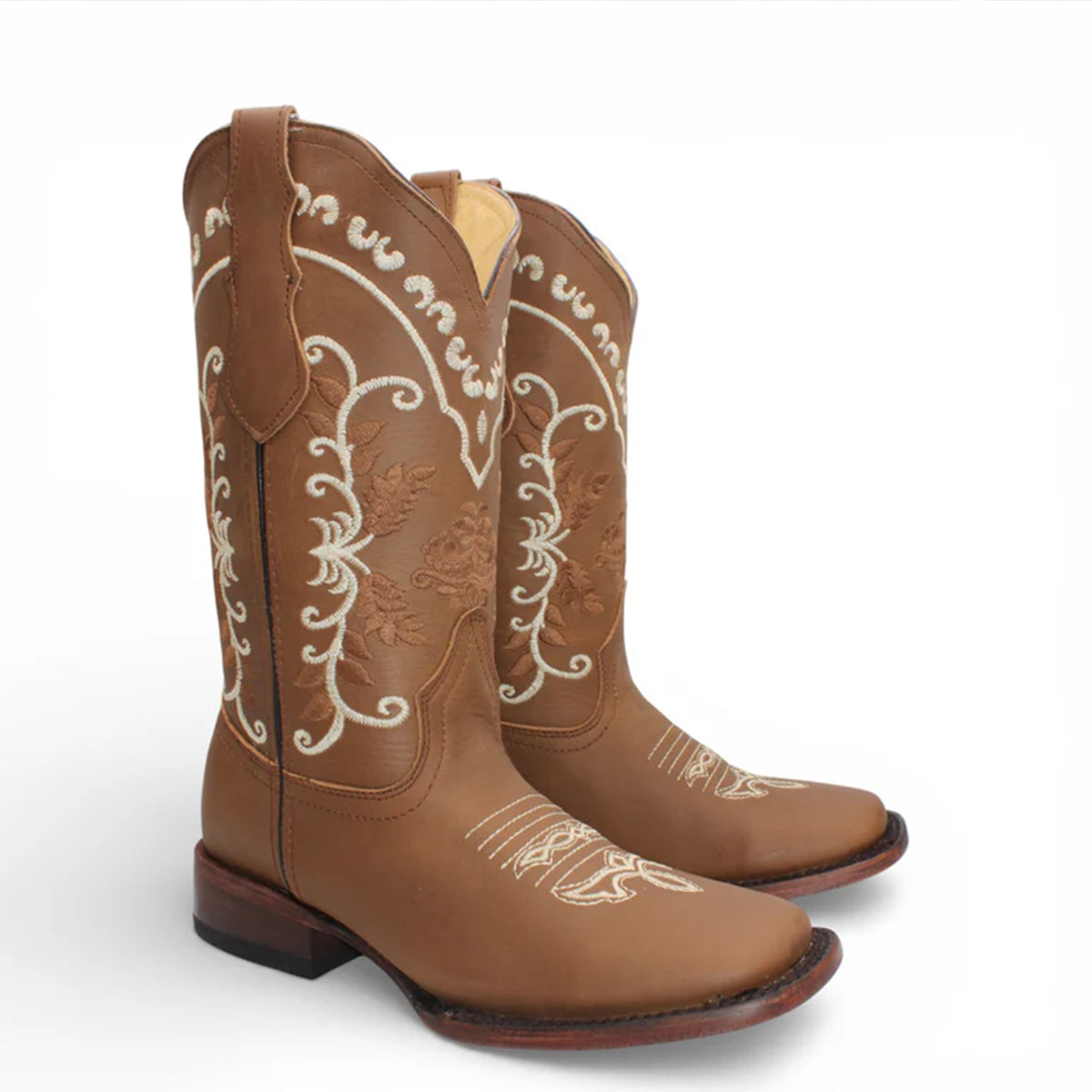 Women's Tan Western Cowboy Boots with Wide Square Toe