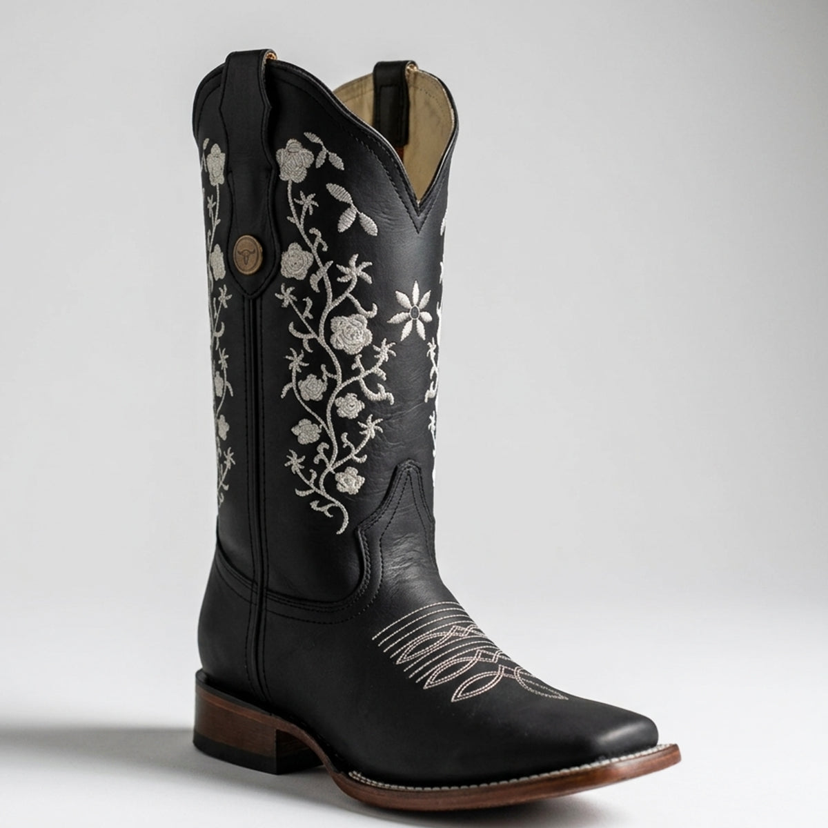 Women's Black Cowgirl Boots with Floral Embroidery