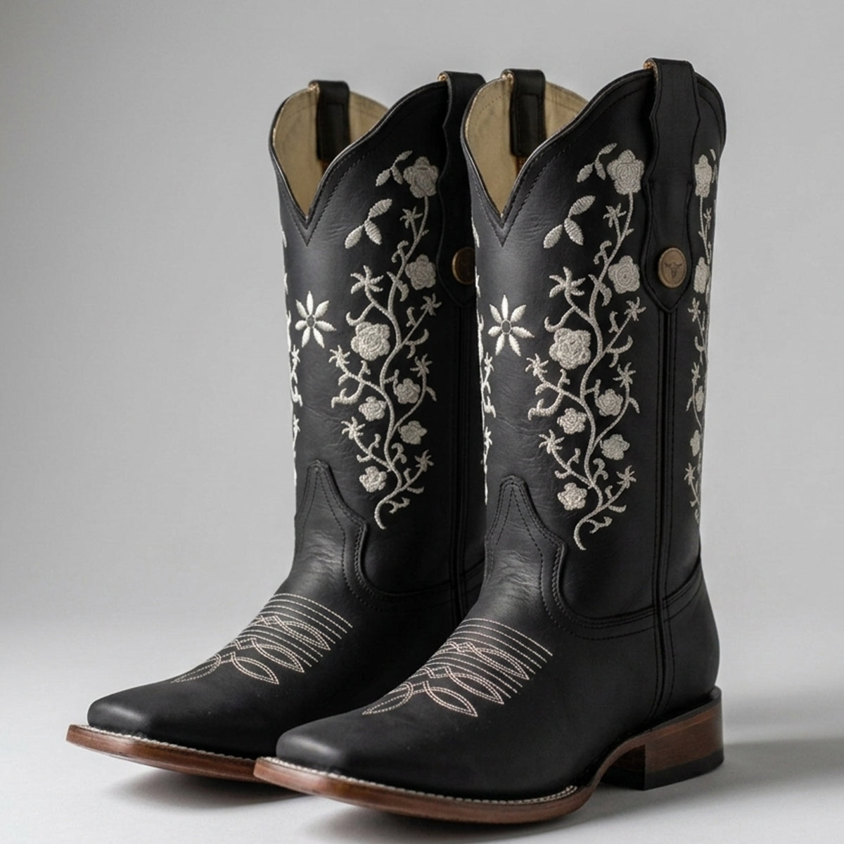 Women's Black Cowgirl Boots with Floral Embroidery