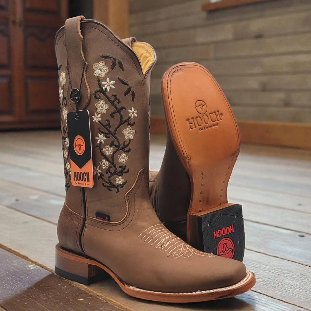 Women's Floral Brown Cowgirl Boots with Square Toe