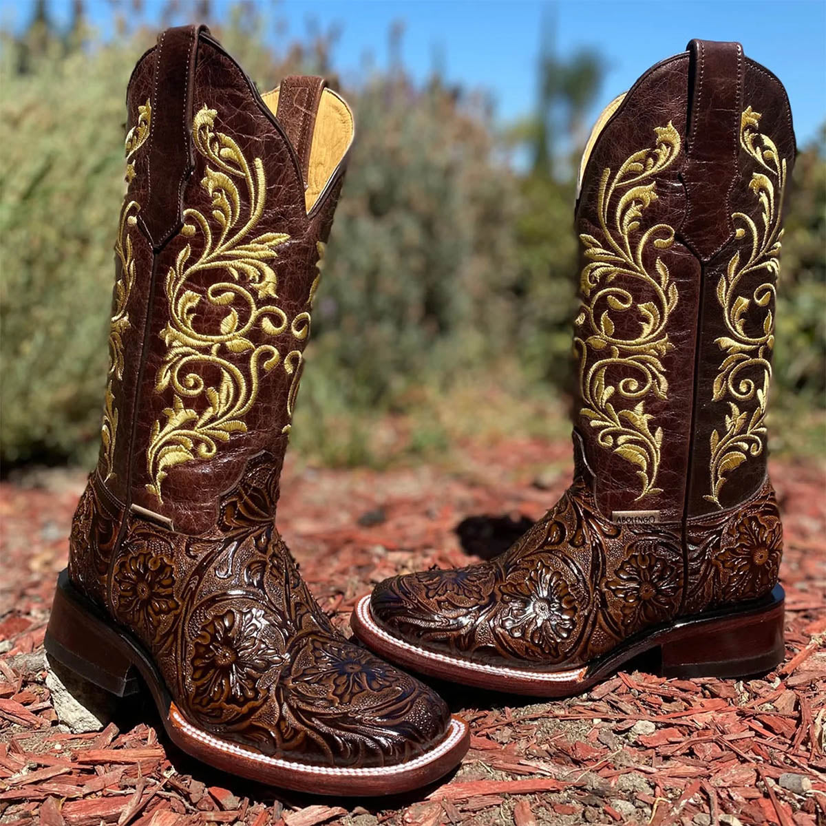 Doble R Floral Tooled Square-Toe Cowgirl Boots