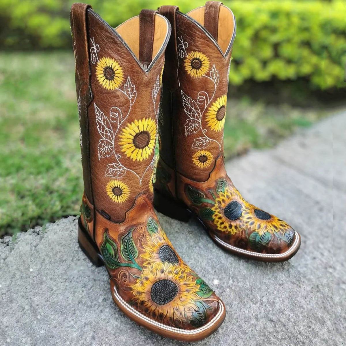 Hand Tooled Sunflower Cowgirl Boots 🌼 Square Toe