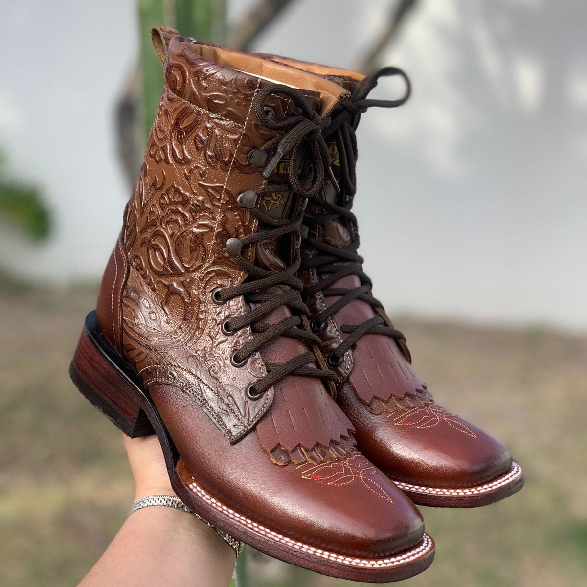 Lace-Up Cowgirl Boots with Tooled Print and Square Toe