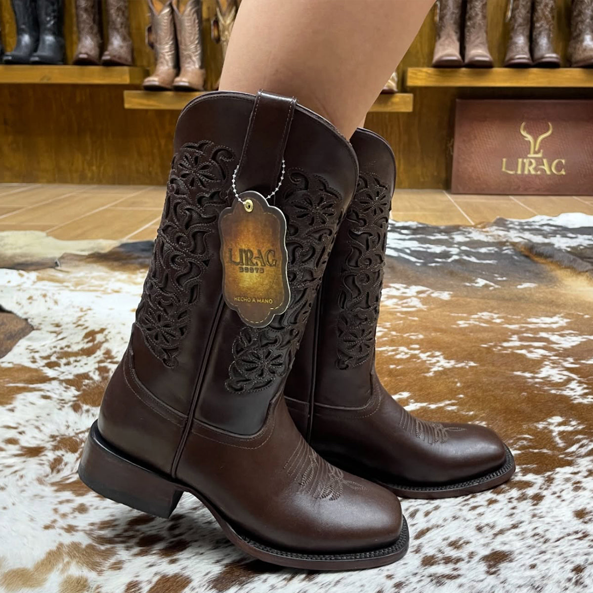 Toscana 12" Brown Laser-Engraved Square-Toe Cowgirl Boots
