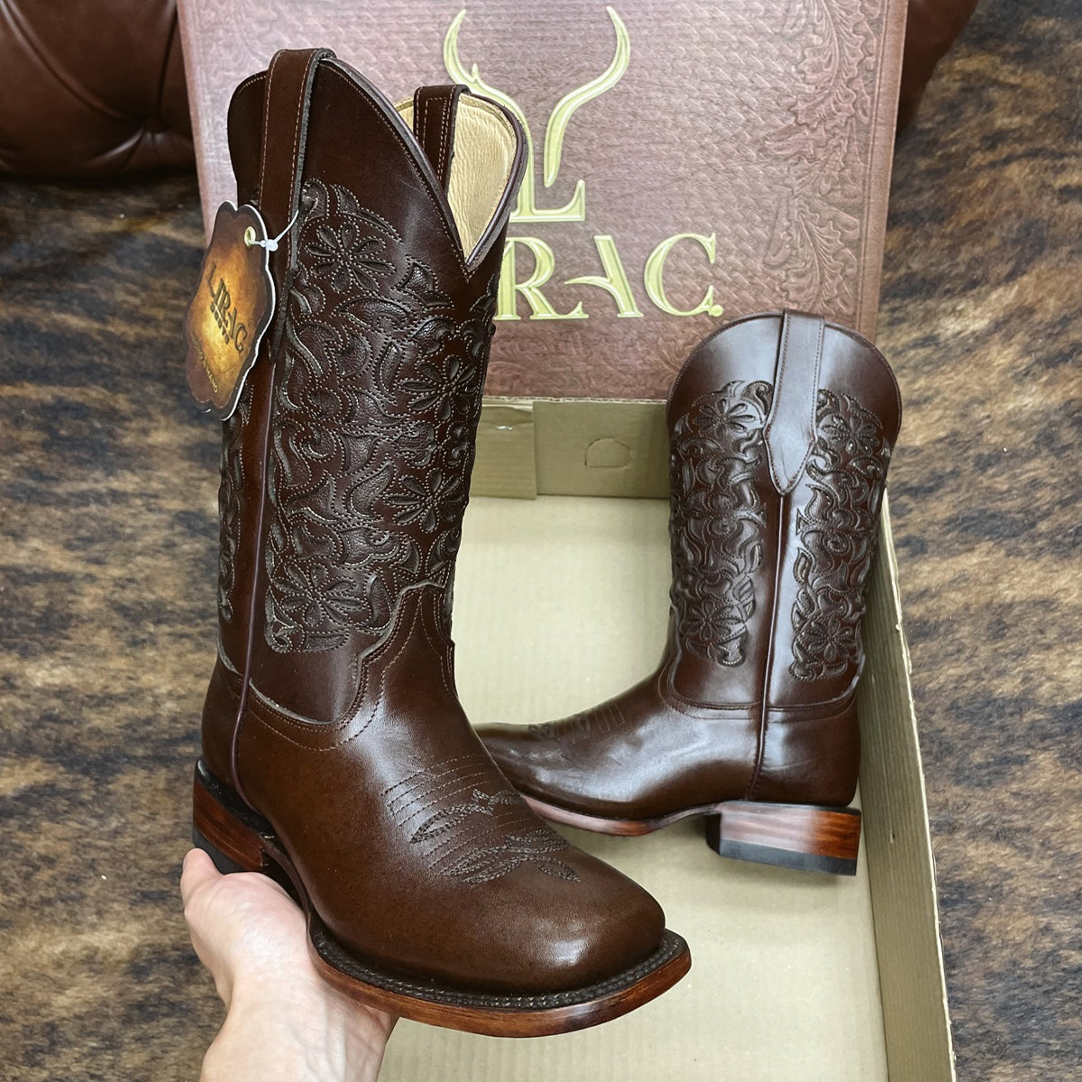 Toscana 12" Brown Laser-Engraved Square-Toe Cowgirl Boots