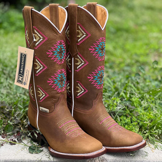 Brown Cowgirl Boots with Native-Inspired Design and Square Toe