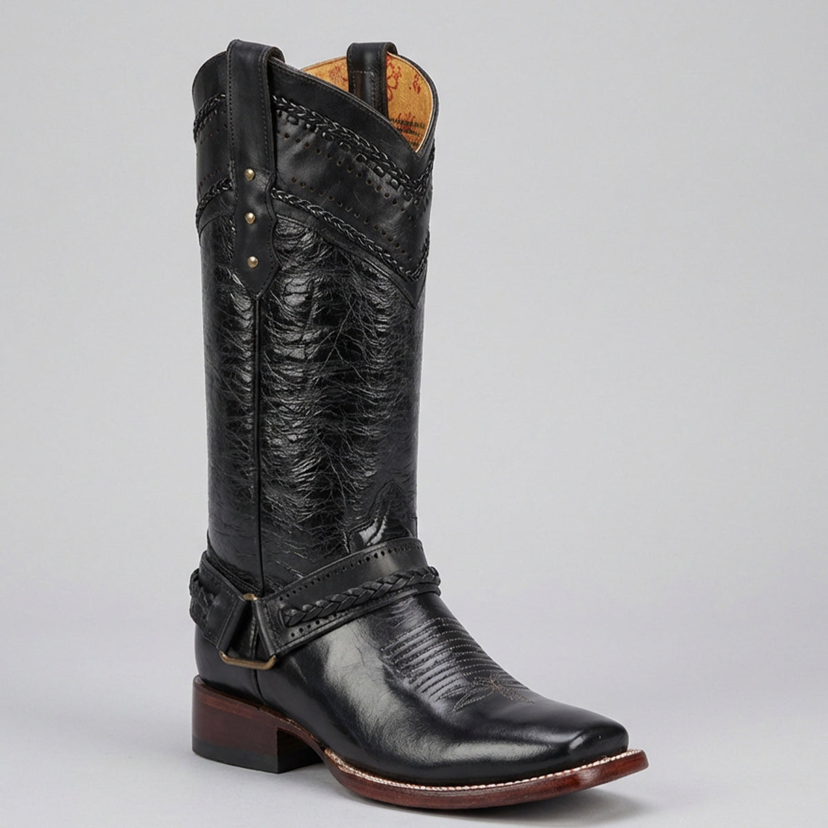 Women's Black Cowgirl Boots with Removable Harness and Square Toe