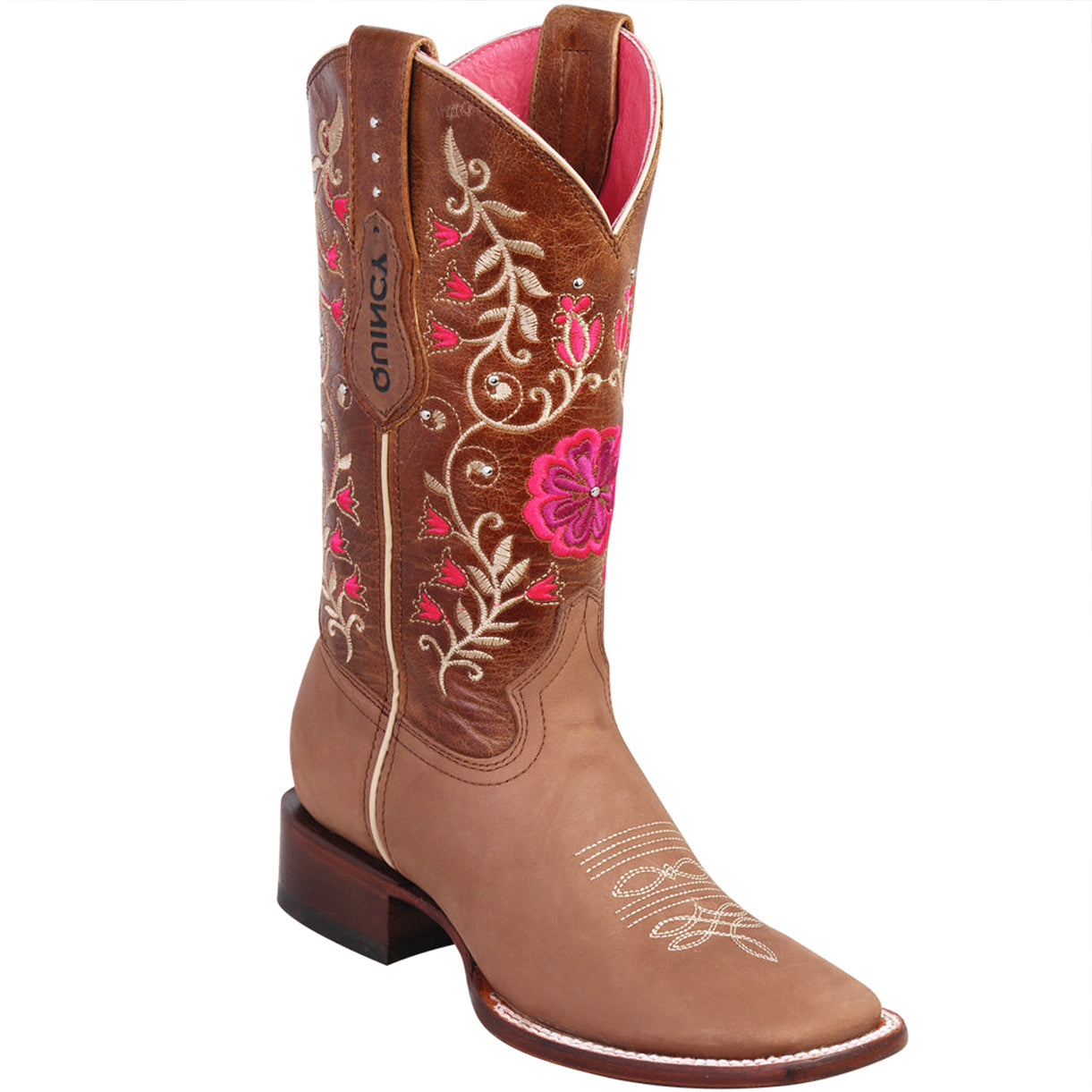 Tan Floral Square-Toe Cowgirl Boots