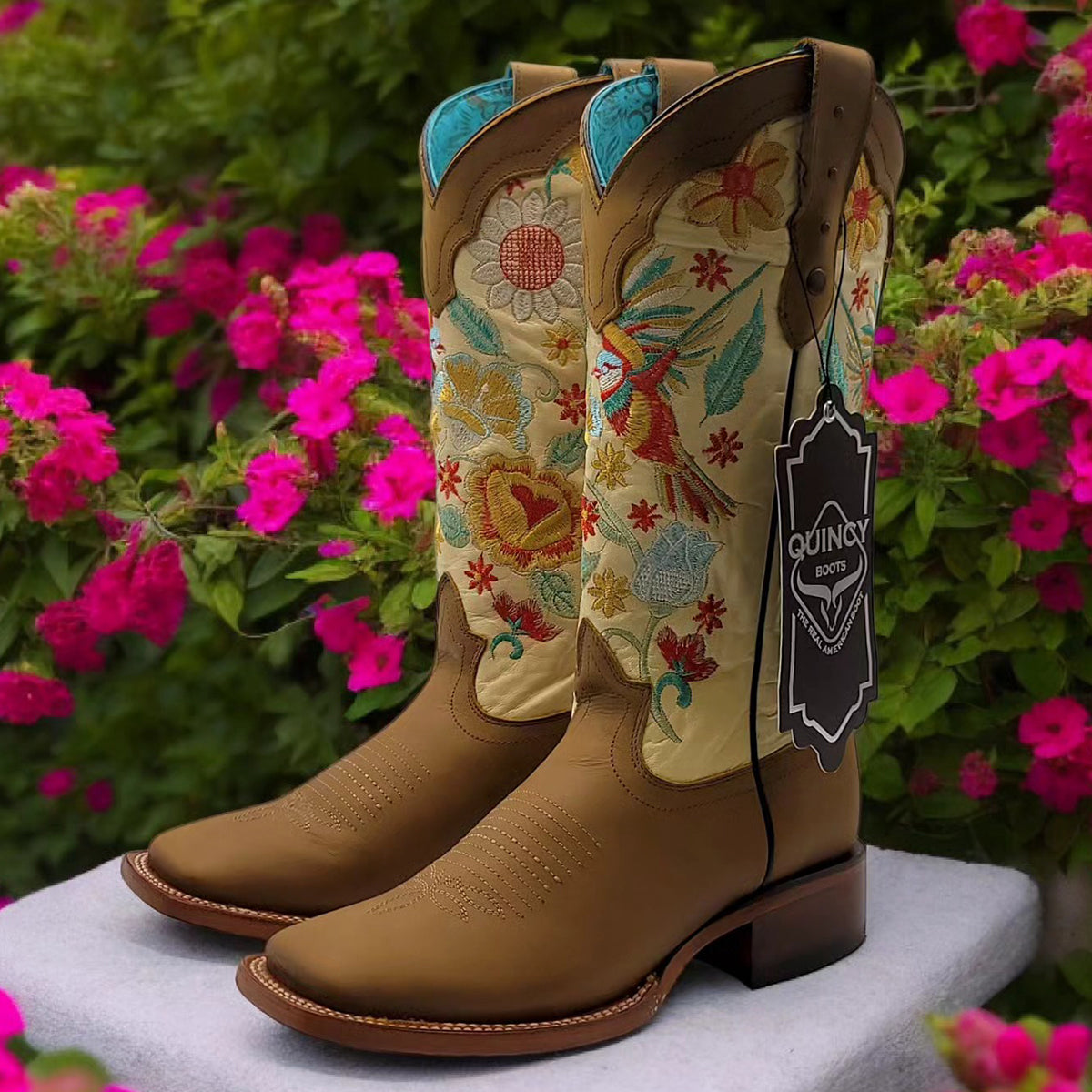 Hummingbird Floral Cowgirl Boots with Square Toe