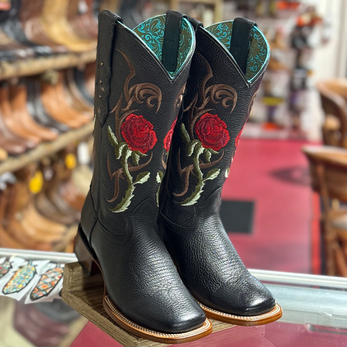Red Rose Western Cowgirl Boots with Square Toe