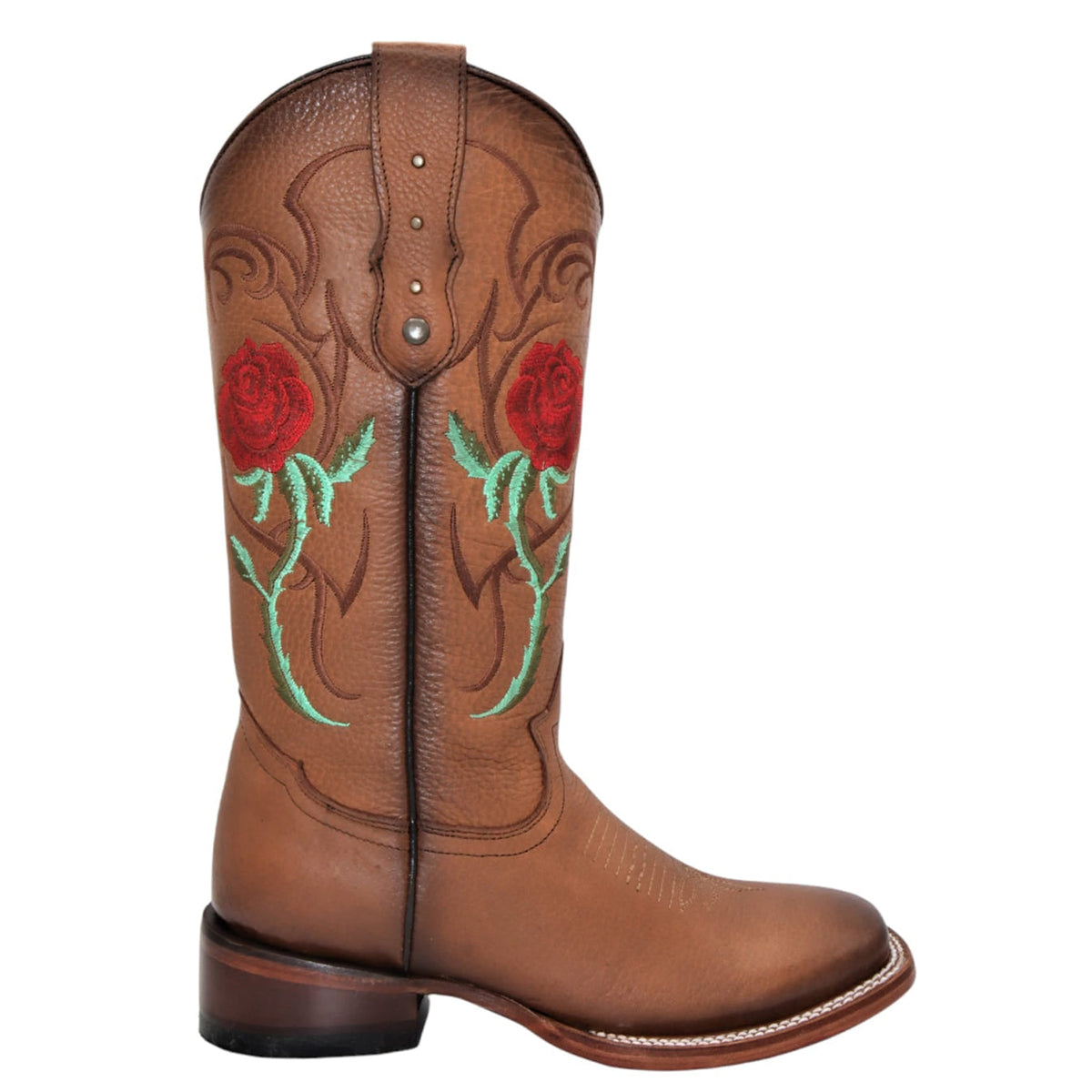 Red Rose Embroidered Cowgirl Boots with Square Toe