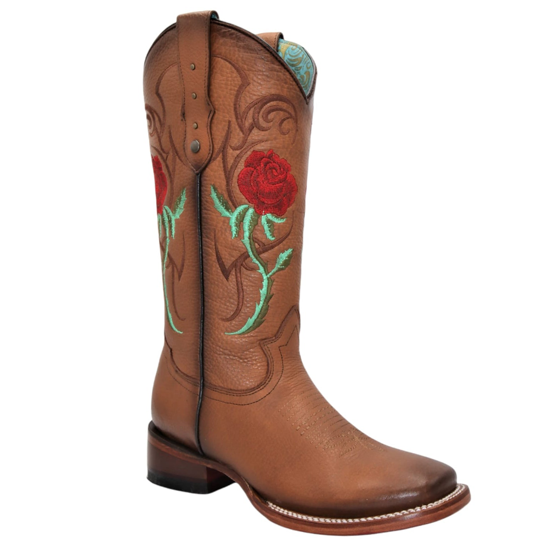 Red Rose Embroidered Cowgirl Boots with Square Toe