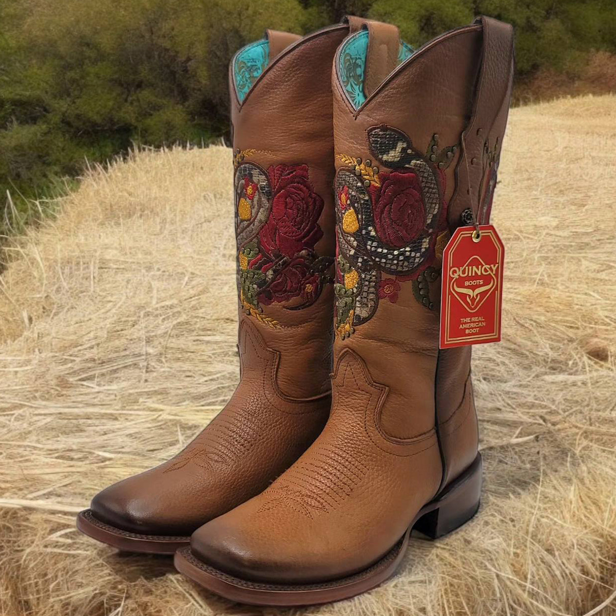Snake & Red Rose Cowgirl Boots with Square Toe