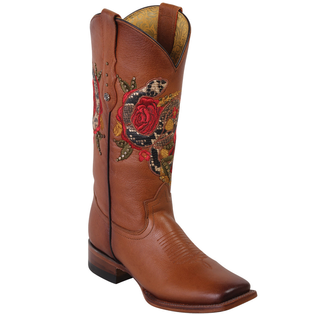 Snake & Red Rose Cowgirl Boots with Square Toe