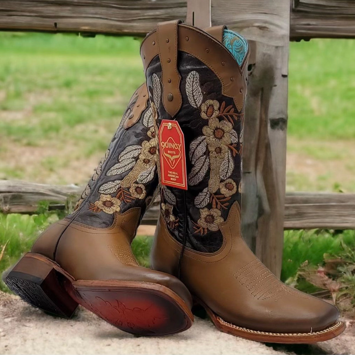 Quincy Brown Square-Toe Cowgirl Boots with Elegant Flower Embroidery