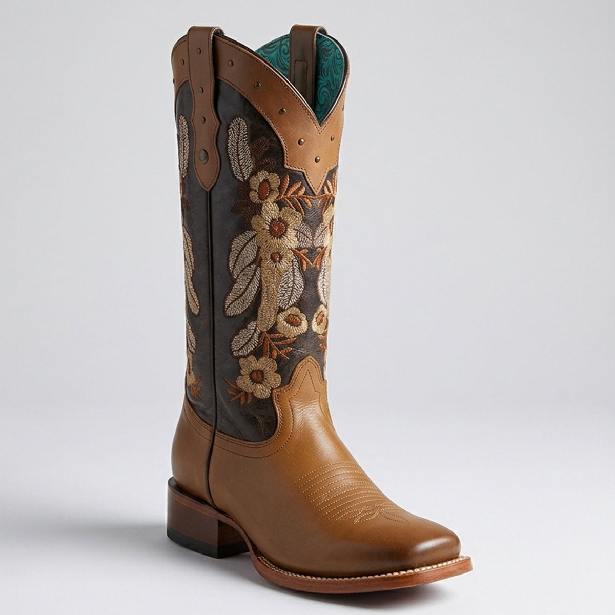 Quincy Brown Square-Toe Cowgirl Boots with Elegant Flower Embroidery