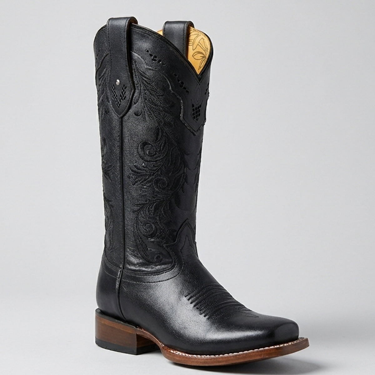 Quincy Black Floral Embroidered Cowgirl Boots with Square Toe