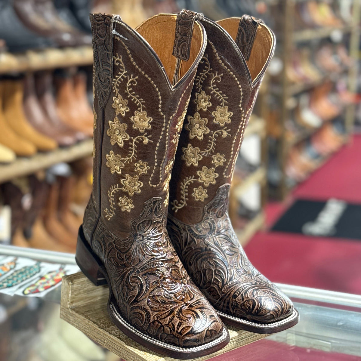 Rosario Brown Tooled Cowgirl Boots with Stylish Square Toe Design