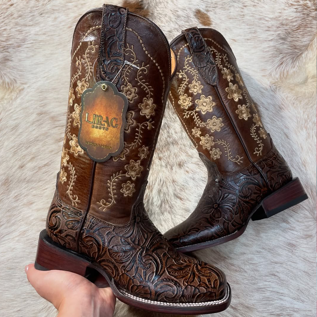 Rosario Brown Tooled Cowgirl Boots with Stylish Square Toe Design
