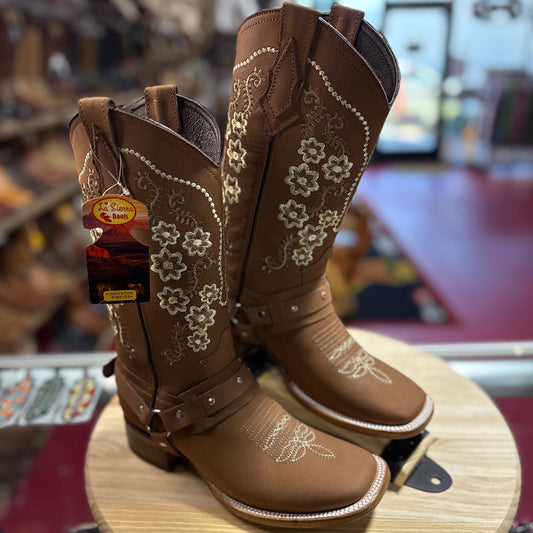 Women's Tan Brown Square-Toe Boots with Floral Embroidery