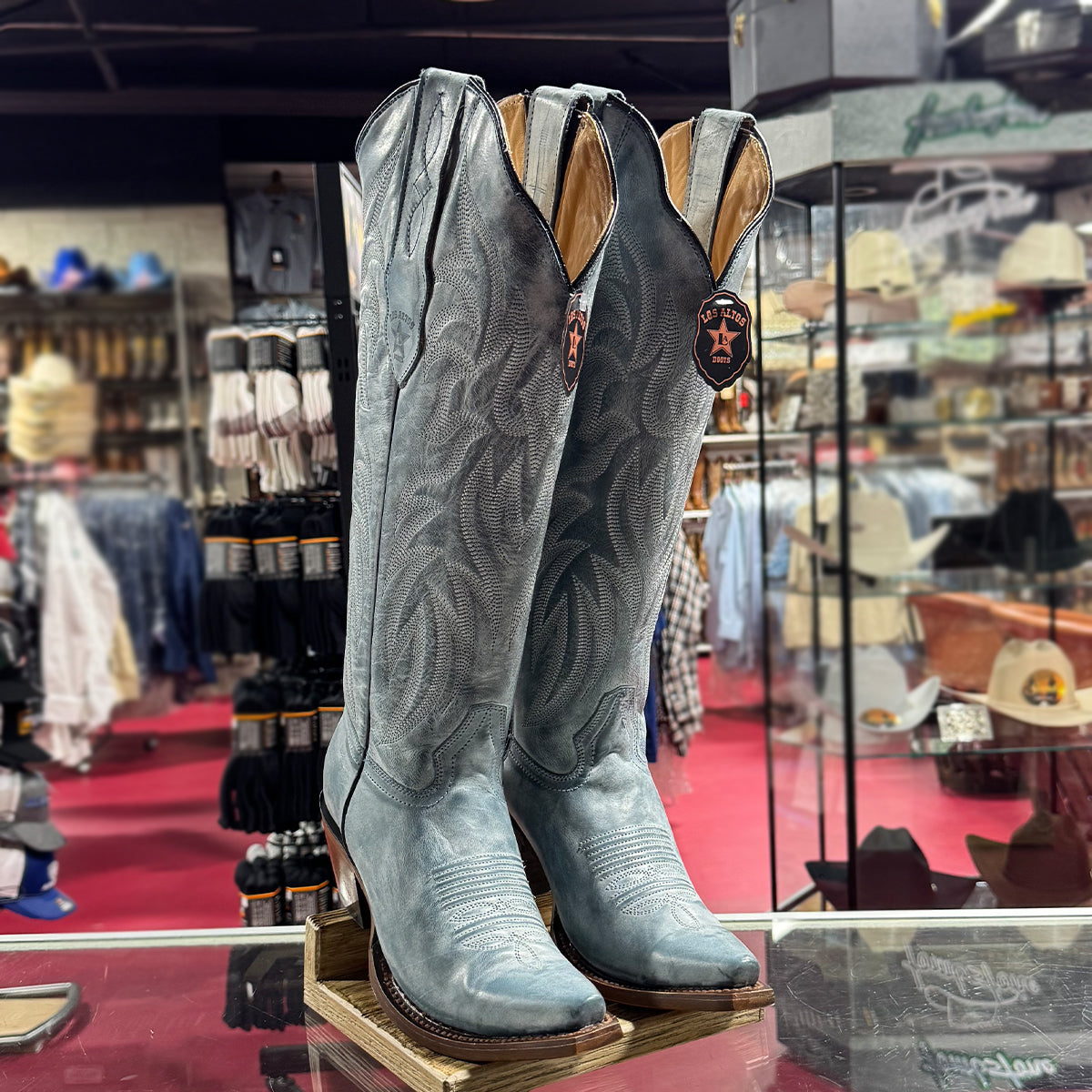 Women's Vintage Blue Denim Knee-High Boots with Snip Toe