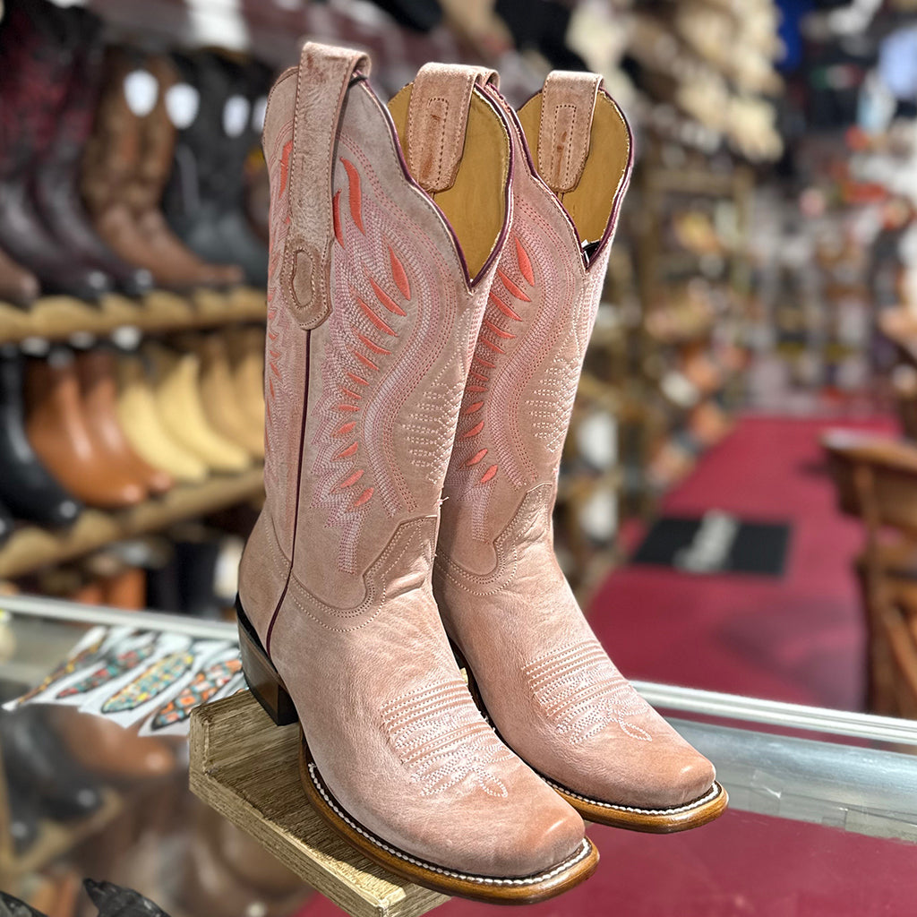 Women's Vintage Pink Cowboy Boots with Semi-Square Toe