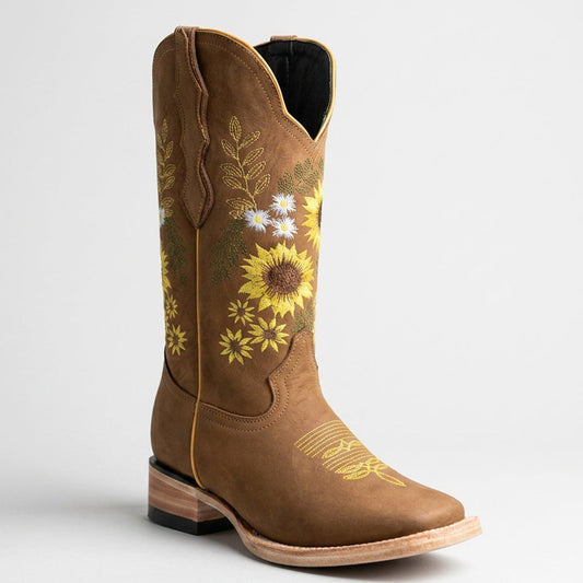 Women's Tan Square-Toe Sunflower Cowgirl Boots