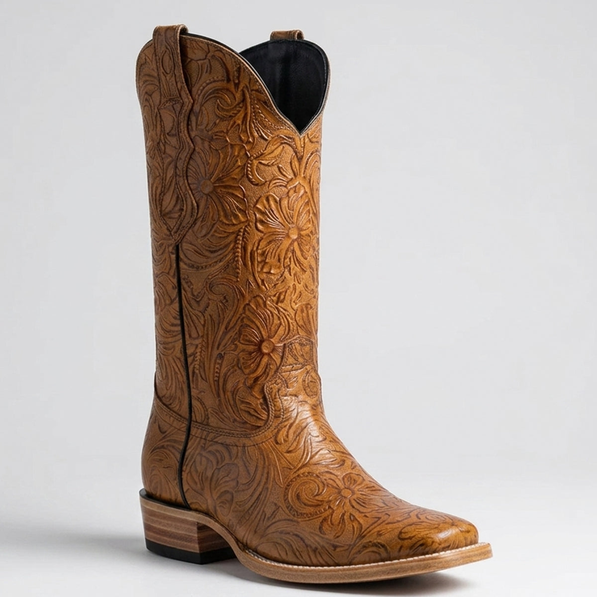 Women's Tan Floral Tooled Square-Toe Western Cowgirl Boots