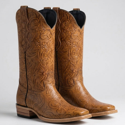 Women's Tan Floral Tooled Square-Toe Western Cowgirl Boots