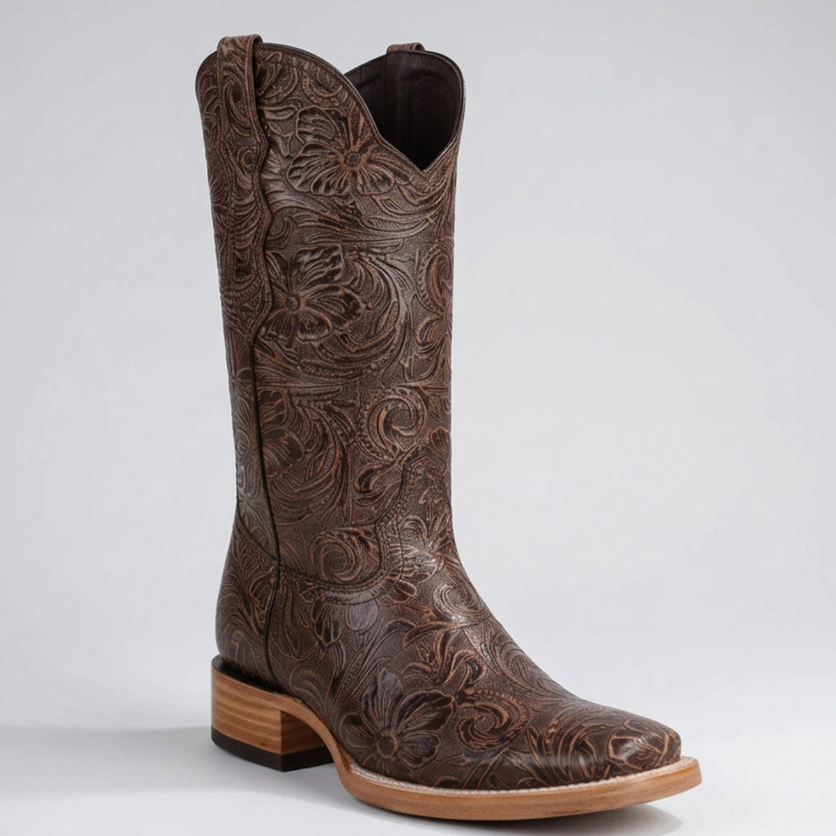 Women's Brown Floral Tooled Square-Toe Western Cowgirl Boots