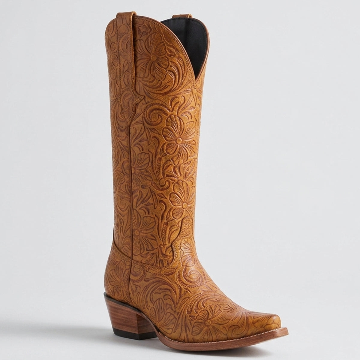 Women's Tan Floral-Tooled Snip-Toe Cowgirl Boots