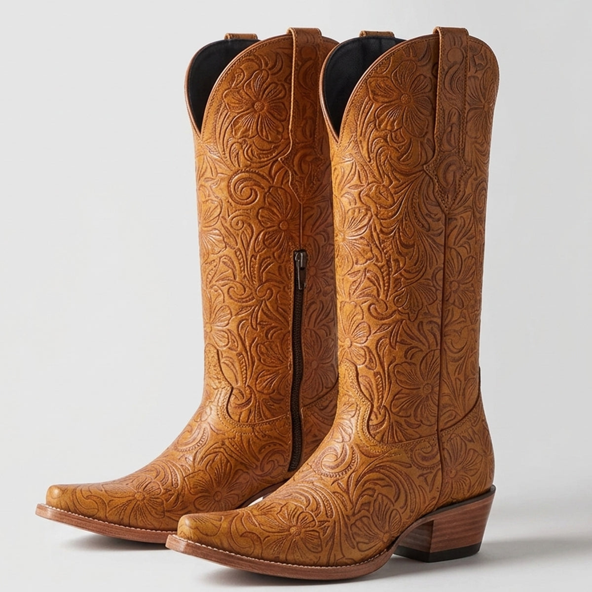 Women's Tan Floral-Tooled Snip-Toe Cowgirl Boots