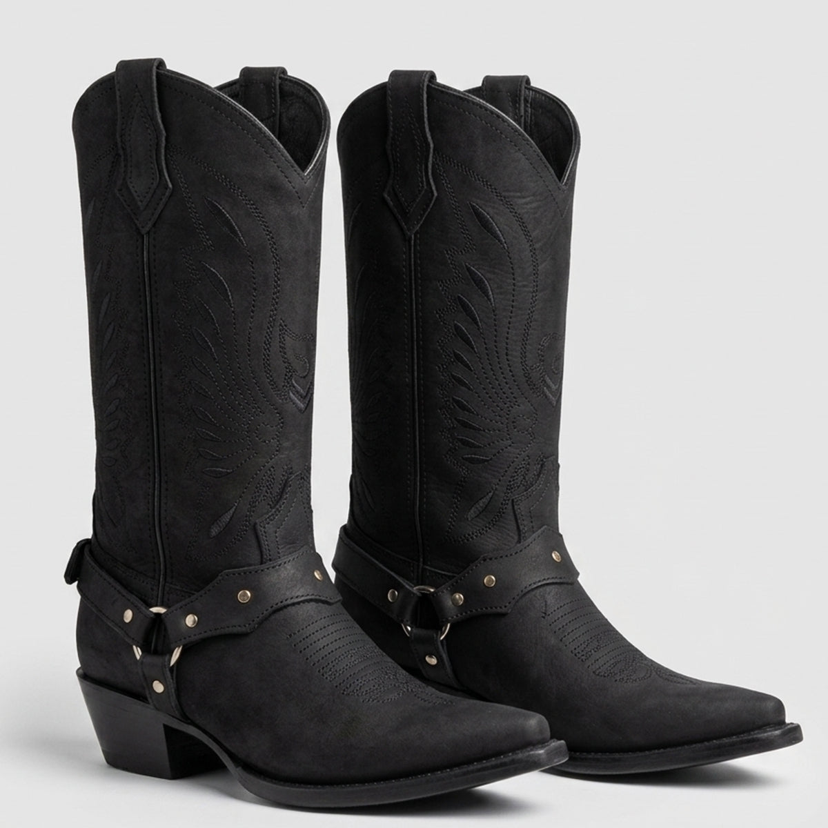 Women's Black Pointed-Toe Harness Western Boots