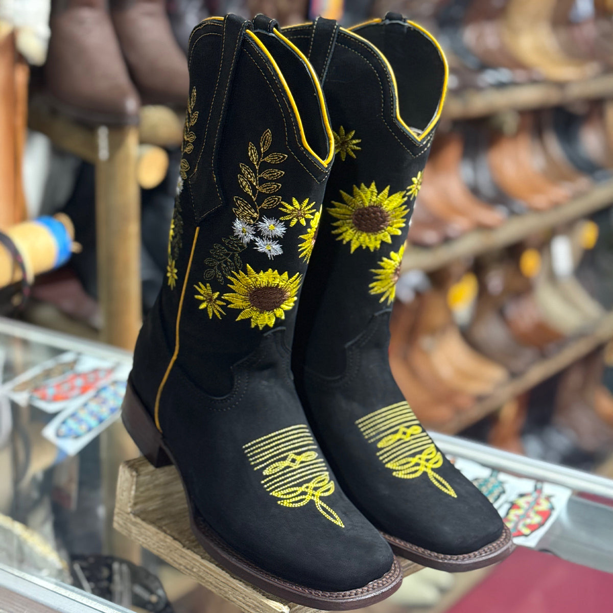 Women's Black Square-Toe Cowboy Boots with Sunflower Detail