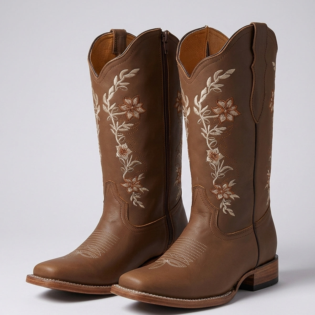 Tang Floral Embroidered Square-Toe Western Cowgirl Boots
