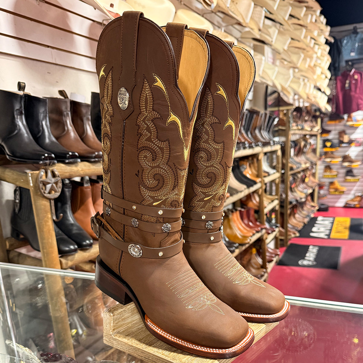 Doble R Yoali Brown Square-Toe Cowgirl Harness Boots