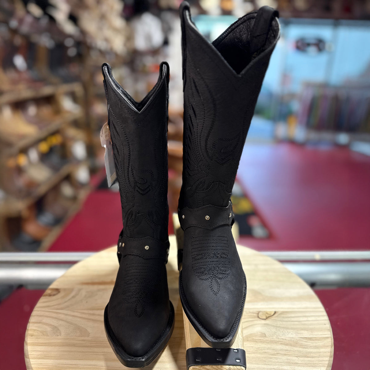 Women's Black Pointed-Toe Harness Western Boots