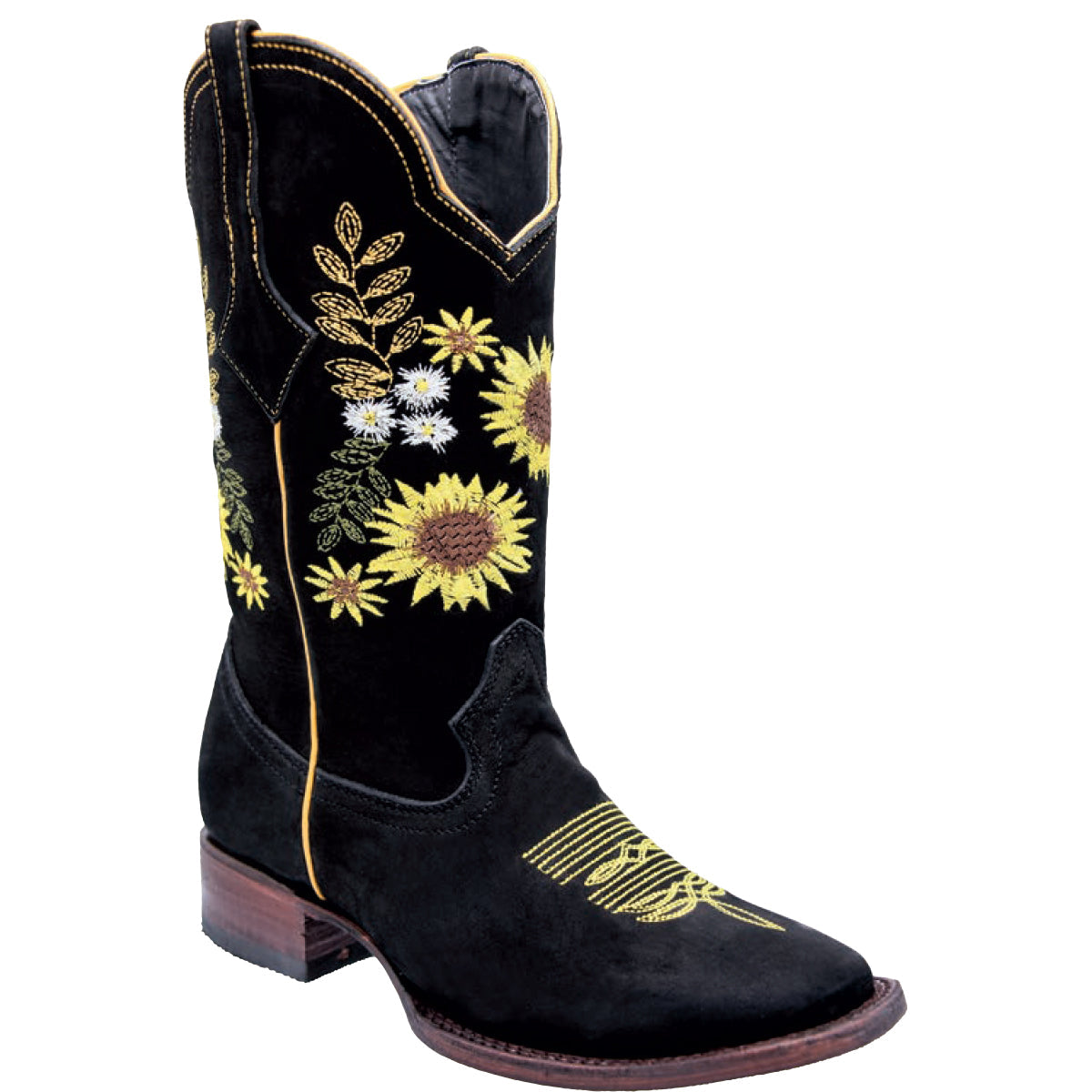 Women's Black Square-Toe Cowboy Boots with Sunflower Detail