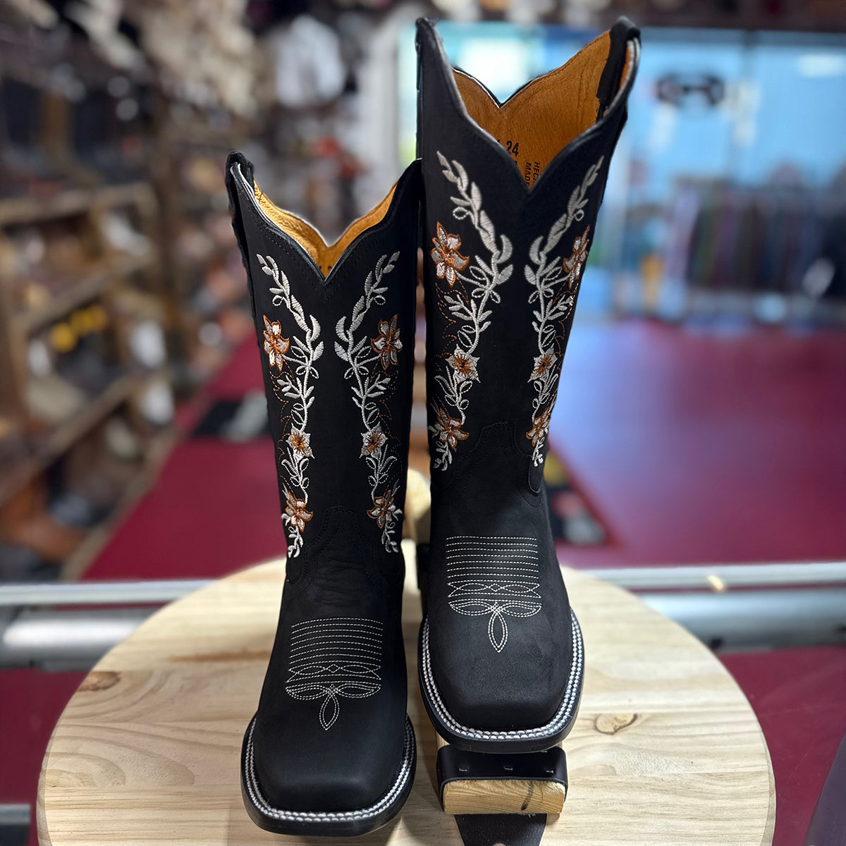 Black Square-Toe Cowgirl Boots with Elegant Floral Embroidery