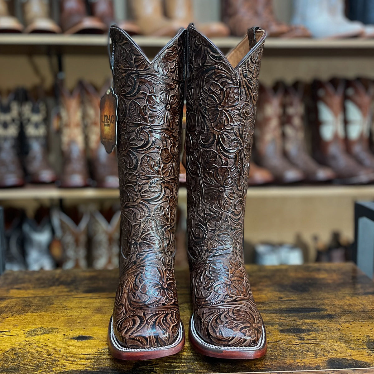 Brown Tooled Cowgirl Boots with Stylish Square Toe