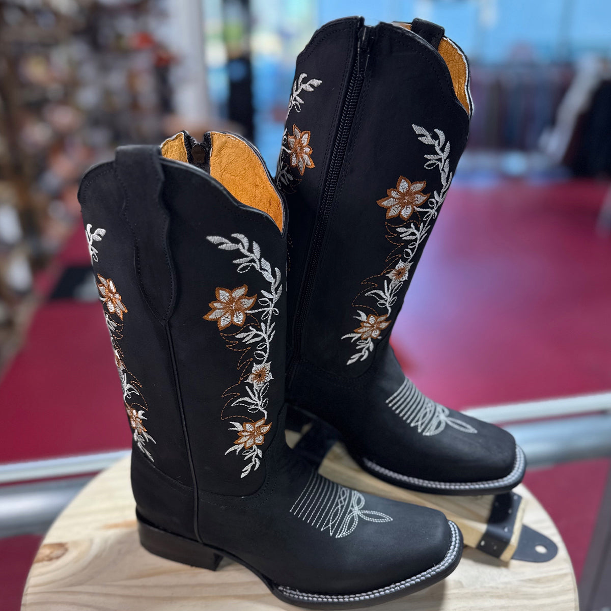 Black Square-Toe Cowgirl Boots with Elegant Floral Embroidery
