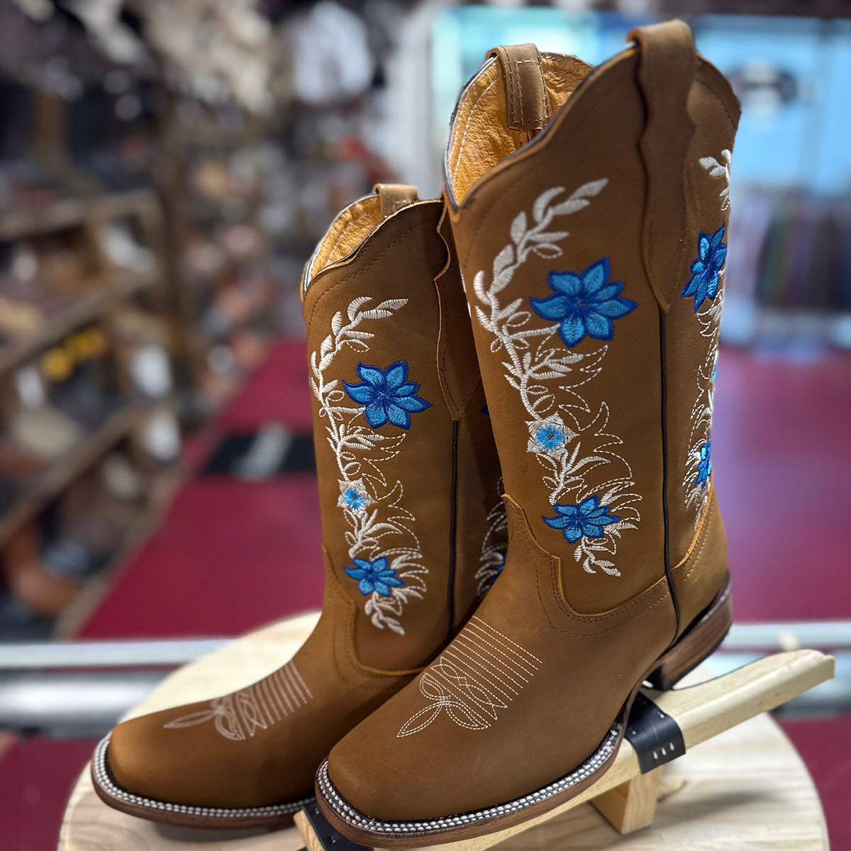 Light Brown Cowgirl Boots with Blue Floral Details and Square Toe